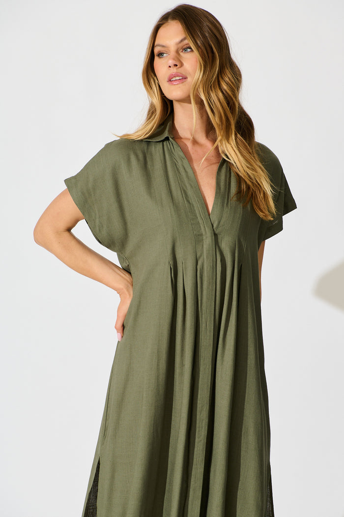 Imari Midi Dress in Khaki Linen Blend front