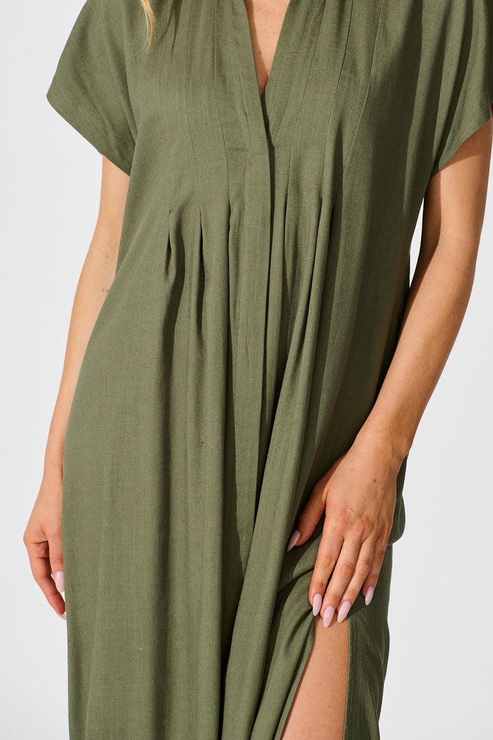 Imari Midi Dress in Khaki Linen Blend detail