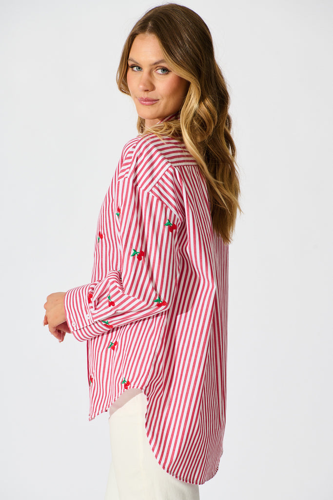 Cherry On Top Shirt in Red Stripe with Cherry Embroidered side
