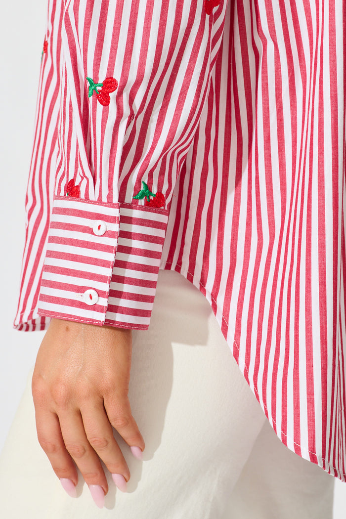 Cherry On Top Shirt in Red Stripe with Cherry Embroidered detail