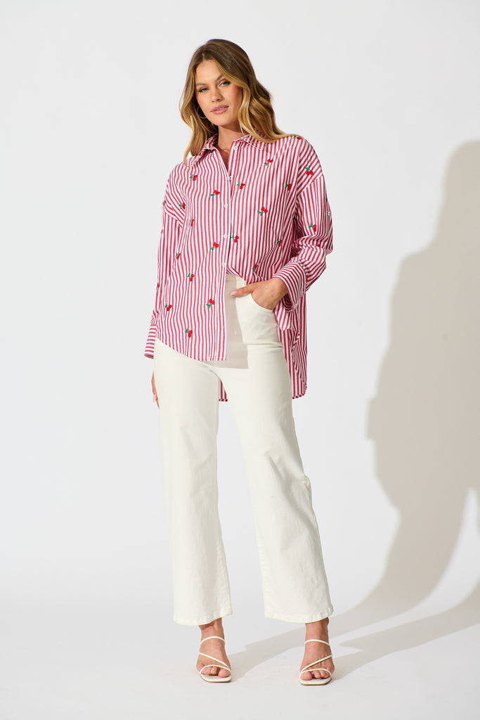 Cherry On Top Shirt in Red Stripe with Cherry Embroidered full length