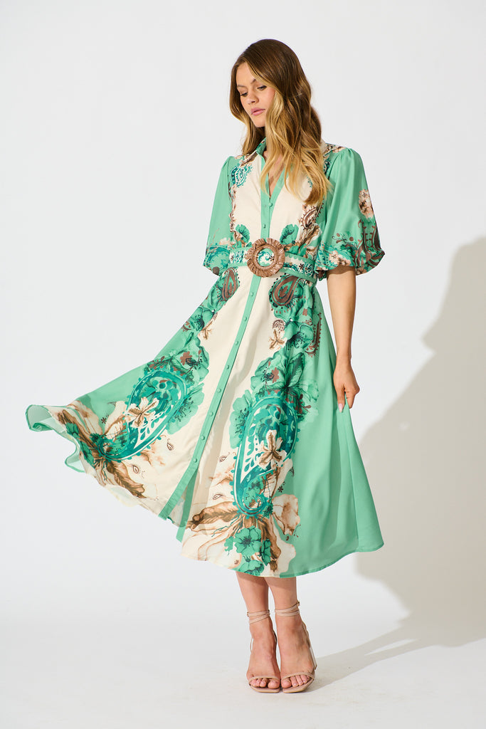 Jade Garden Midi Shirt Dress in Cream with Jade Print Linen Blend full length