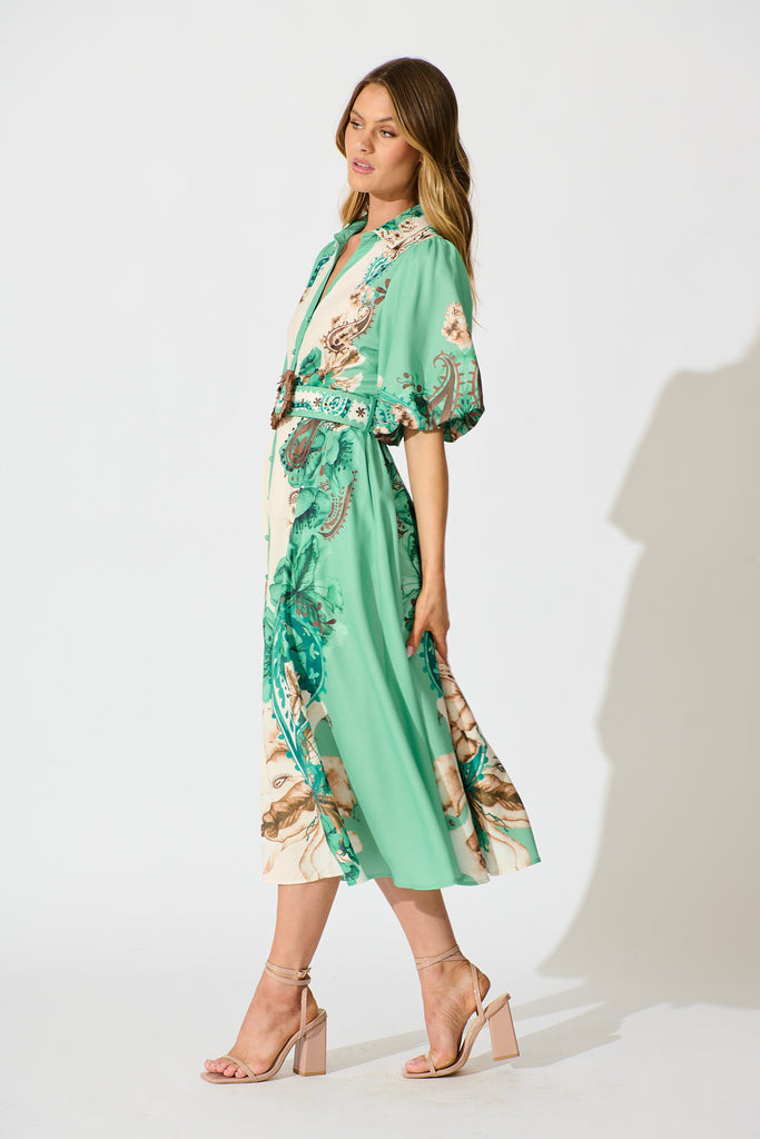 Jade Garden Midi Shirt Dress in Cream with Jade Print Linen Blend side