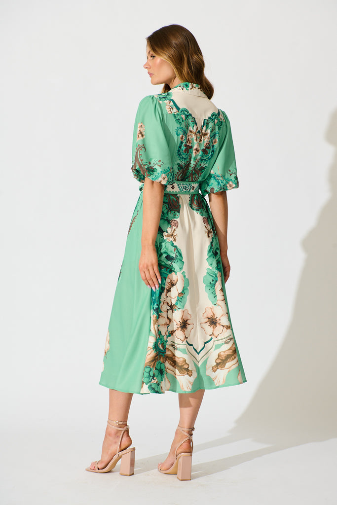 Jade Garden Midi Shirt Dress in Cream with Jade Print Linen Blend back