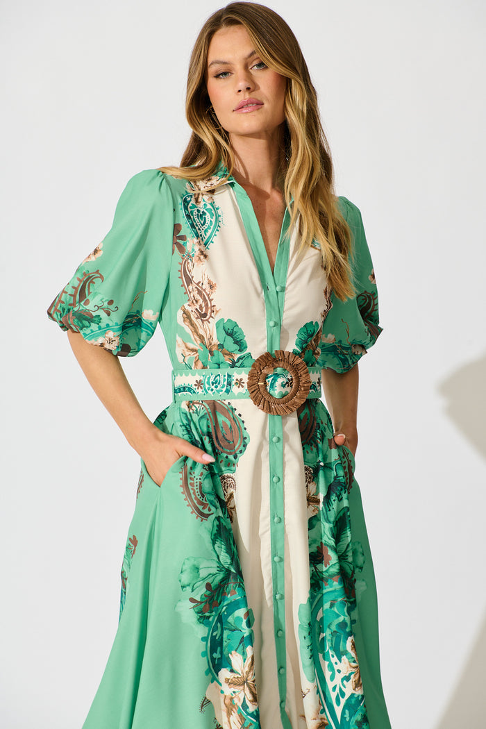 Jade Garden Midi Shirt Dress in Cream with Jade Print Linen Blend front