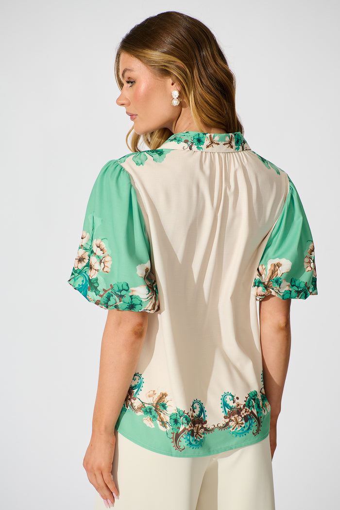 Willow Bloom Top in Cream with Jade Print Linen Blend back