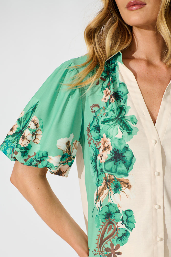 Willow Bloom Top in Cream with Jade Print Linen Blend detail