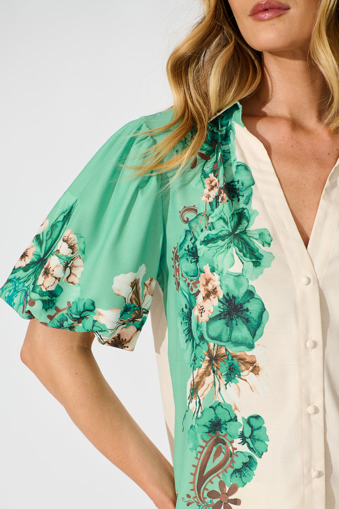 Willow Bloom Top in Cream with Jade Print Linen Blend detail