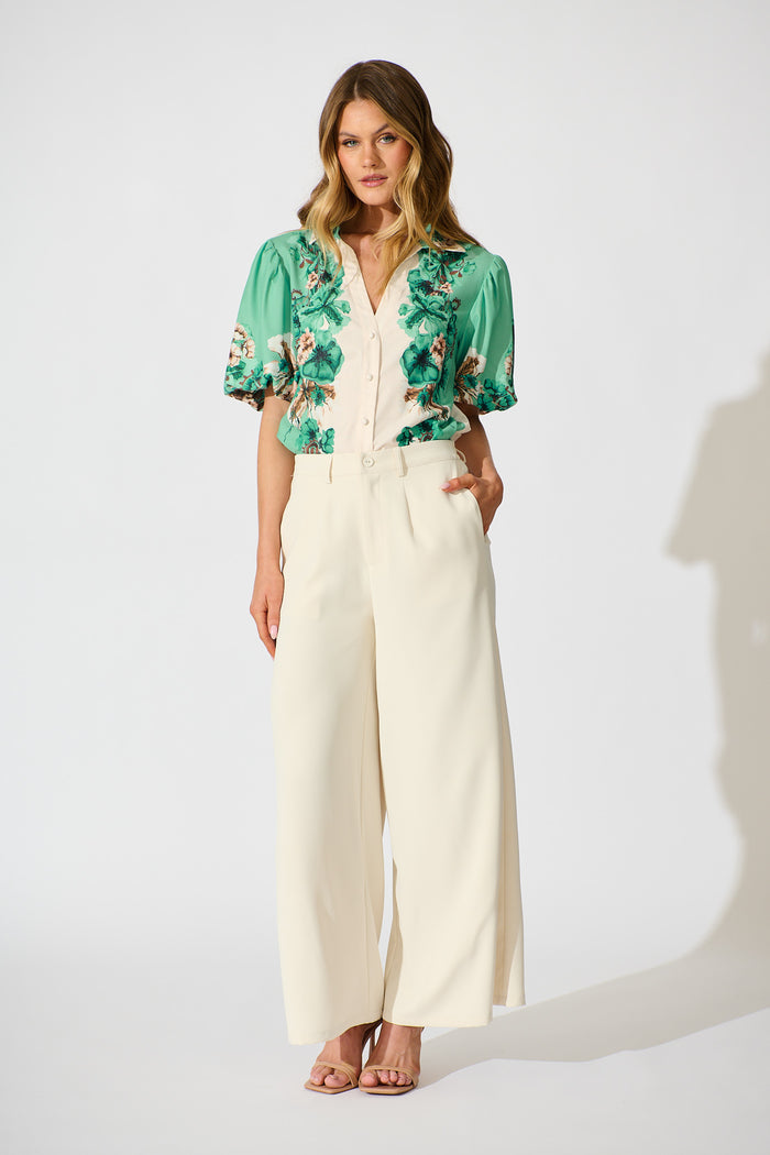 Willow Bloom Top in Cream with Jade Print Linen Blend full length