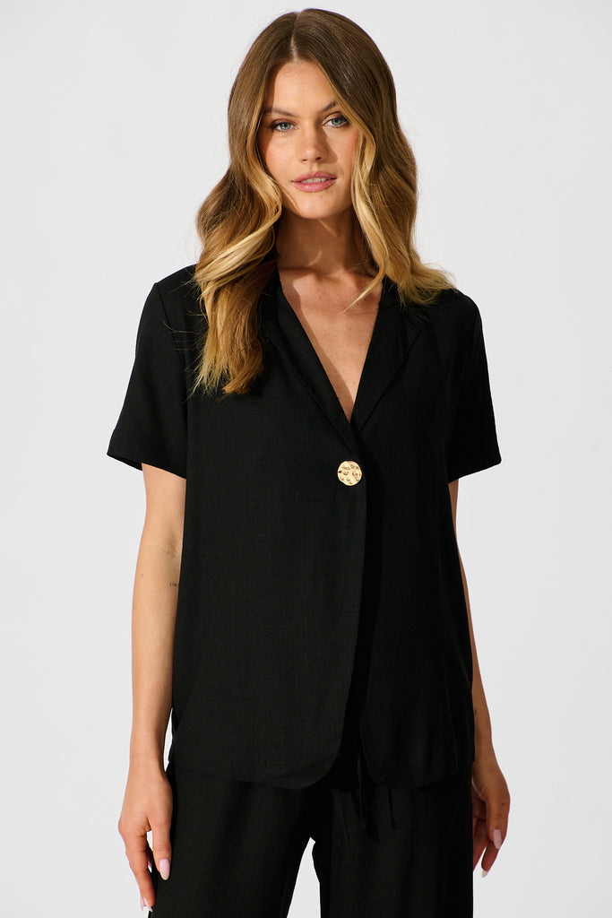 Soft Structure Top In Black Cotton Linen front
