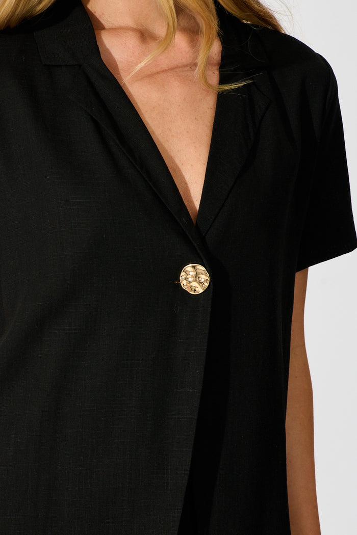 Soft Structure Top In Black Cotton Linen detail