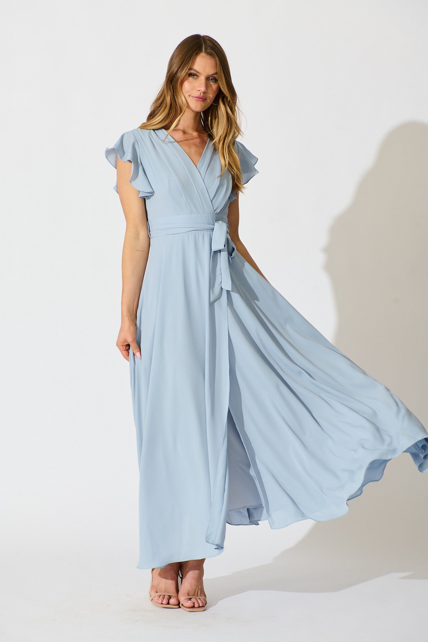 Wynter Maxi Dress in Dusty Blue Chiffon full length