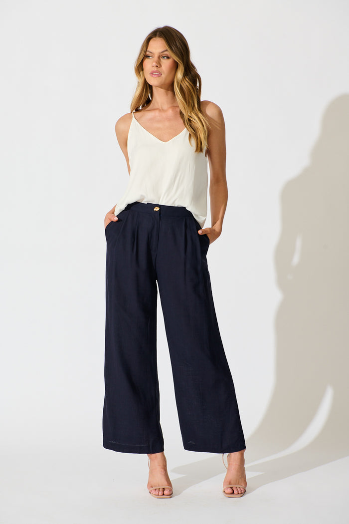 Refined Ease Pant in Navy Linen Blend full length
