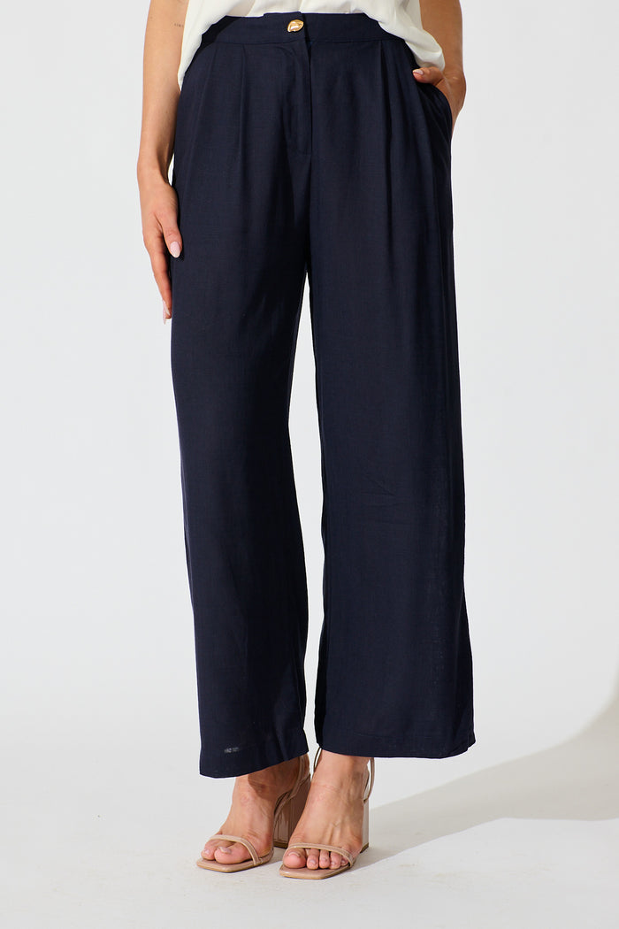Refined Ease Pant in Navy Linen Blend front