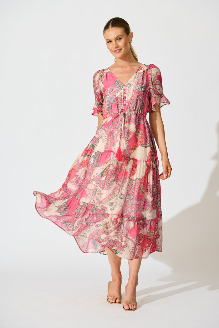 Flamenco Rose Midi Dress in Pink with Boho Print full length