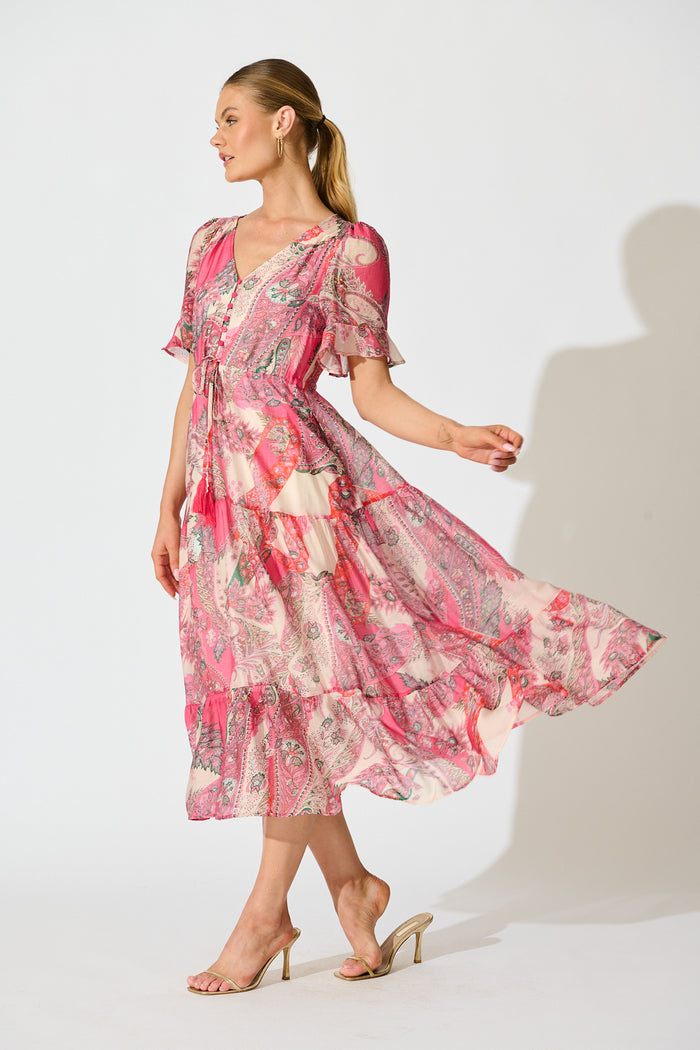 Flamenco Rose Midi Dress in Pink with Boho Print side