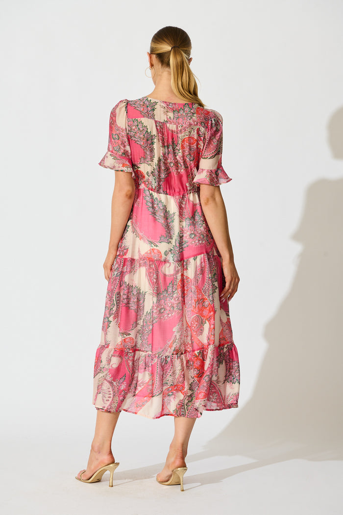 Flamenco Rose Midi Dress in Pink with Boho Print back