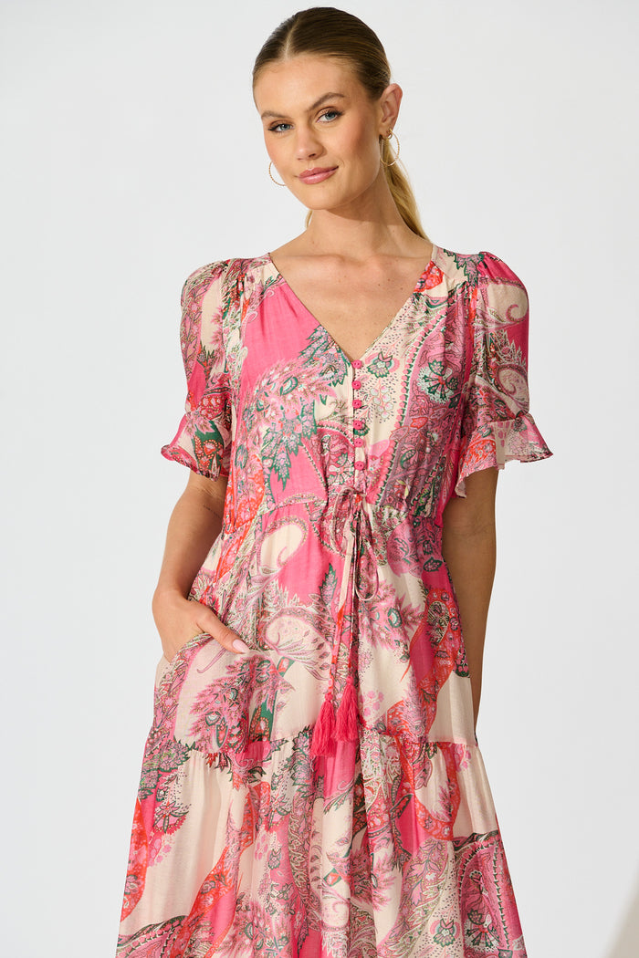 Flamenco Rose Midi Dress in Pink with Boho Print front