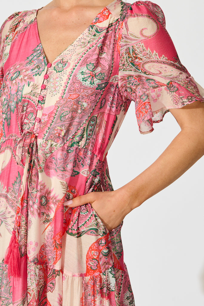 Flamenco Rose Midi Dress in Pink with Boho Print detail