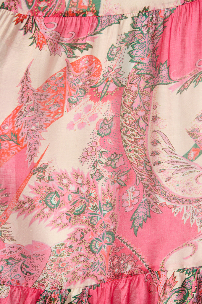 Flamenco Rose Midi Dress in Pink with Boho Print fabric
