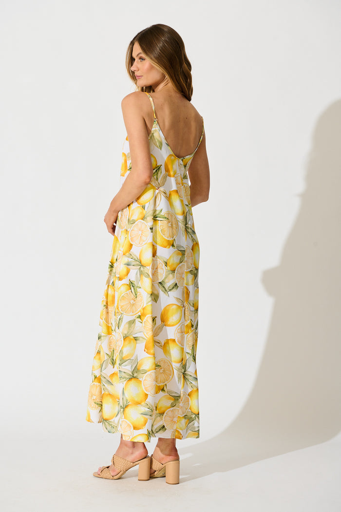 No Scrubs Maxi Dress in Butter Yellow Lemon Print back