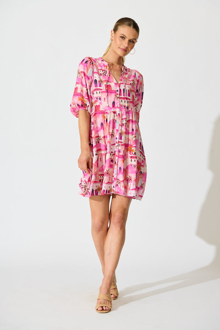 Emelyn Smock Dress in Pink Resort Print full length