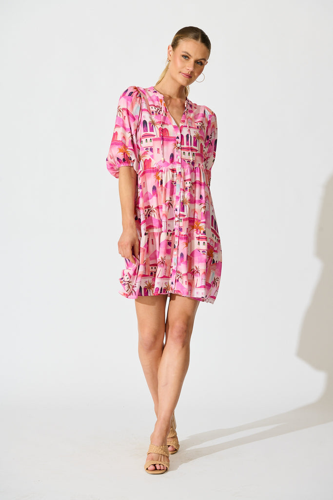 Emelyn Smock Dress in Pink Resort Print full length