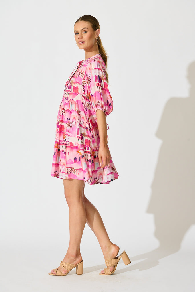 Emelyn Smock Dress in Pink Resort Print side