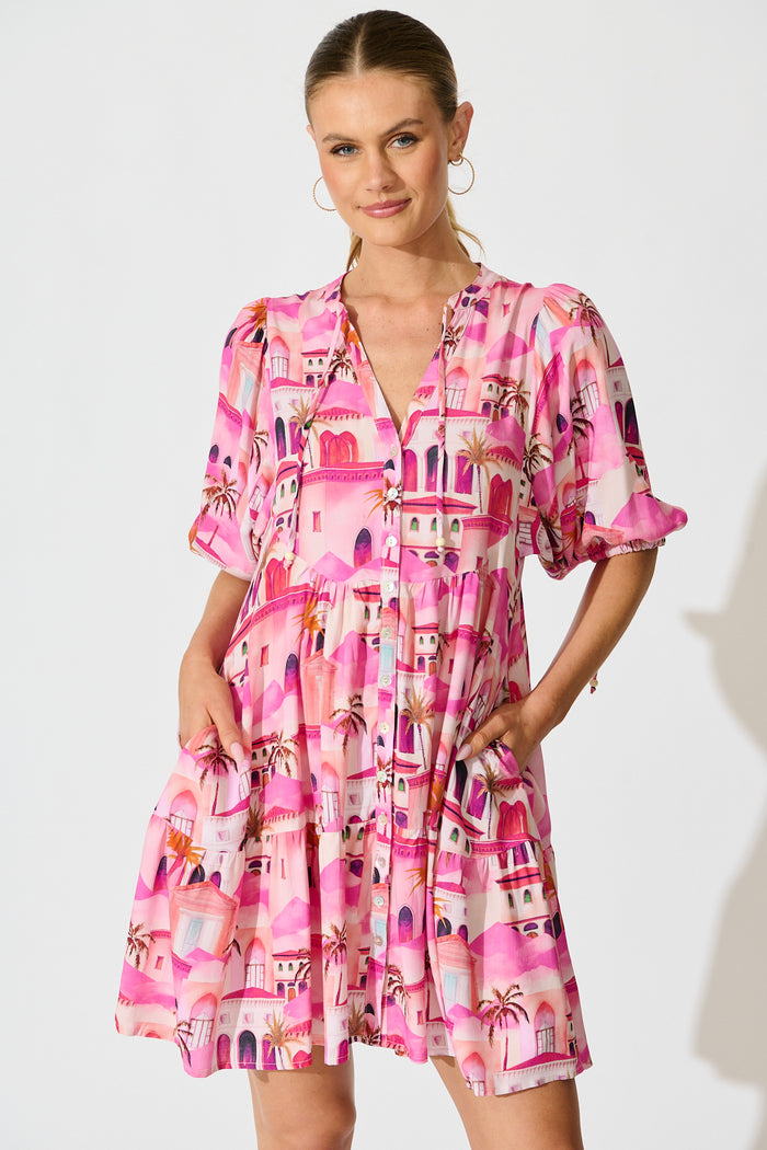 Emelyn Smock Dress in Pink Resort Print front