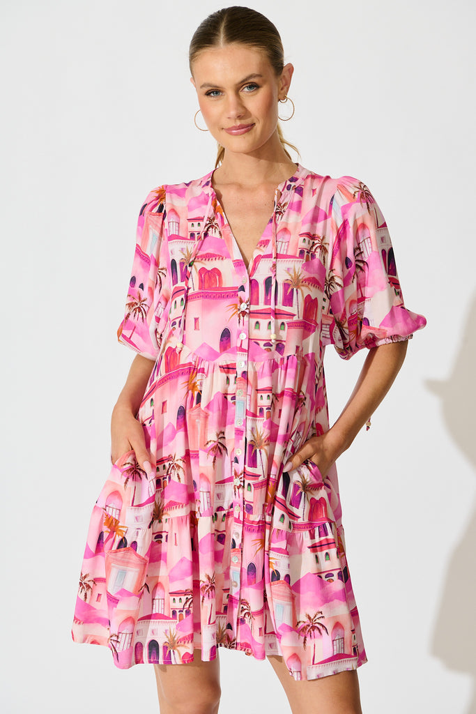 Emelyn Smock Dress in Pink Resort Print front