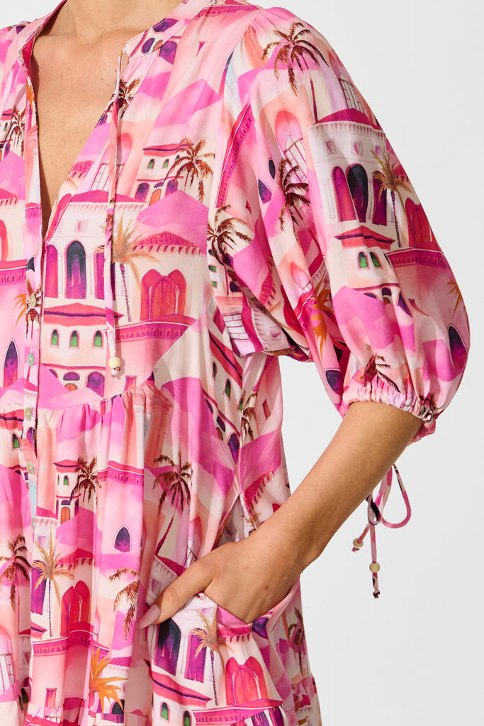 Emelyn Smock Dress in Pink Resort Print detail