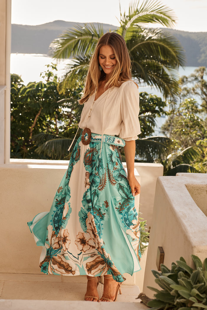 Boheme Breeze Skirt in Cream with Jade Print Linen Blend campaign full length