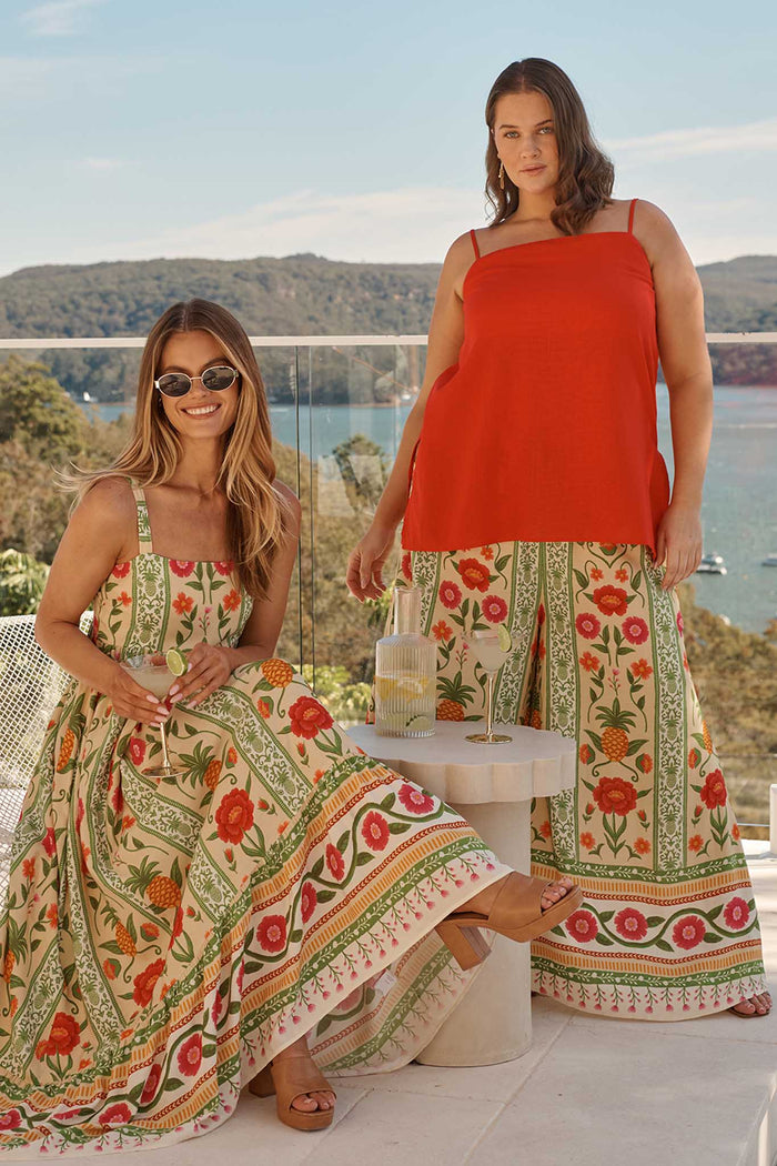SunKissed Midi Dress In Pineapple Print campaign two models