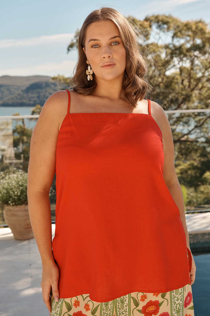 Tutti Fruitti Cami Top in Red Linen Blend campaign front