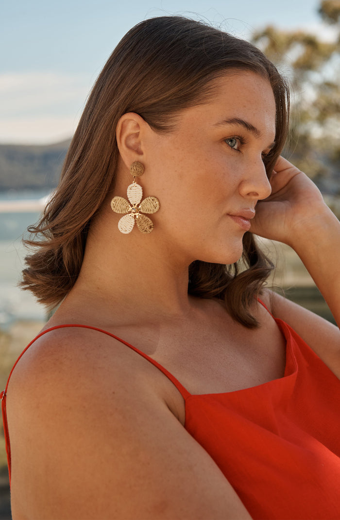 Isolde Drop Earrings in Multi Brown Raffia campaign on model side