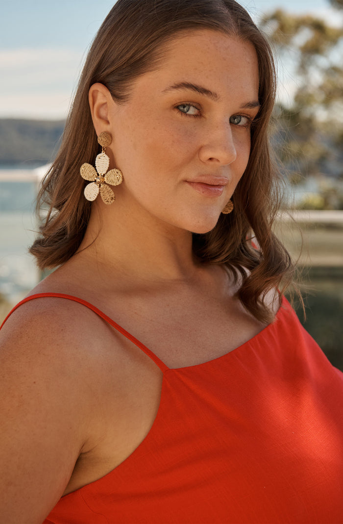 Isolde Drop Earrings in Multi Brown Raffia campaign on model side