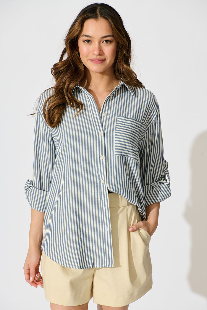 Avenly Shirt in Blue Stripe front rolled sleeves