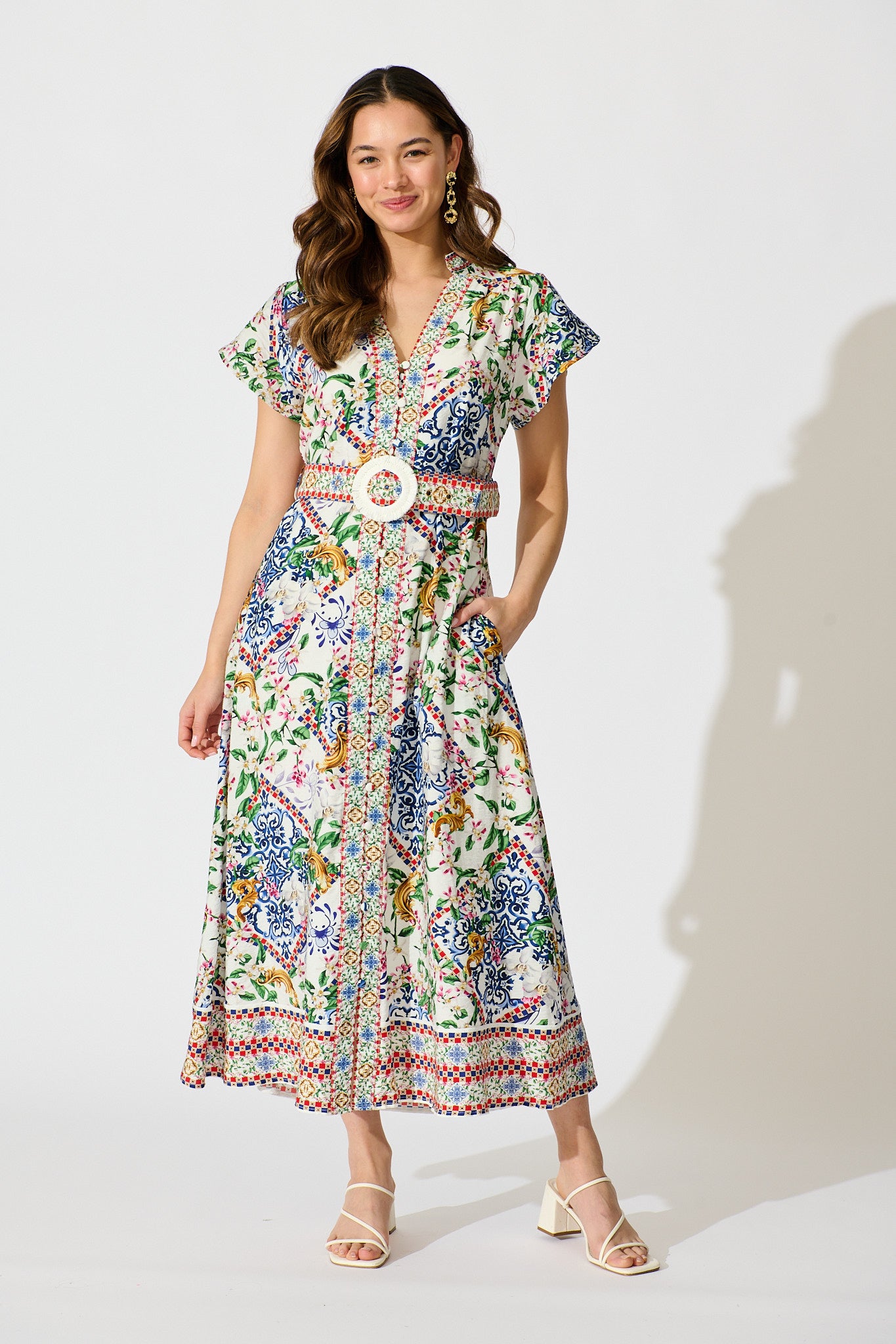 Portofino Bloom Midi Dress in White with Multi Print full length