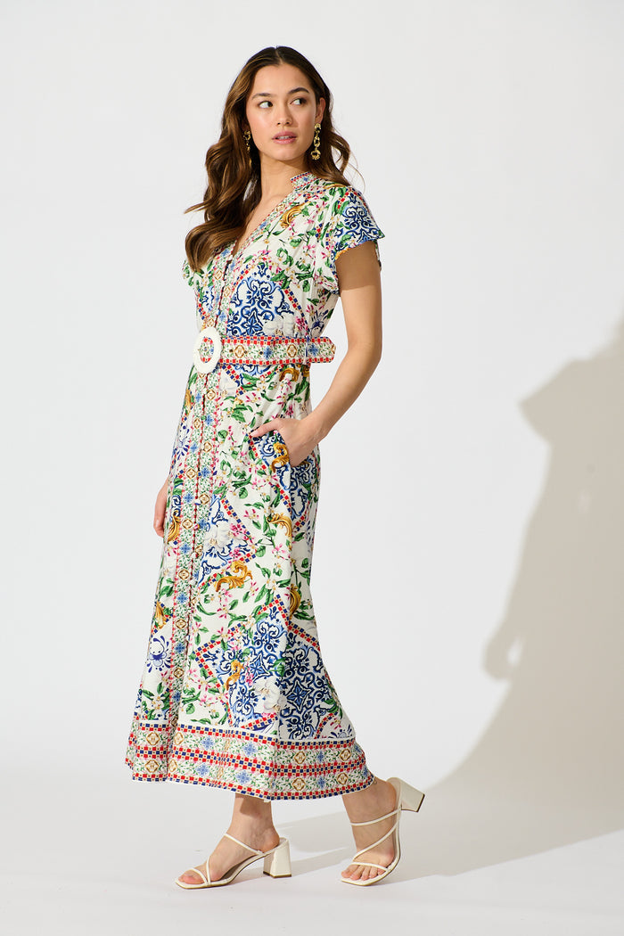 Portofino Bloom Midi Dress in White with Multi Print side