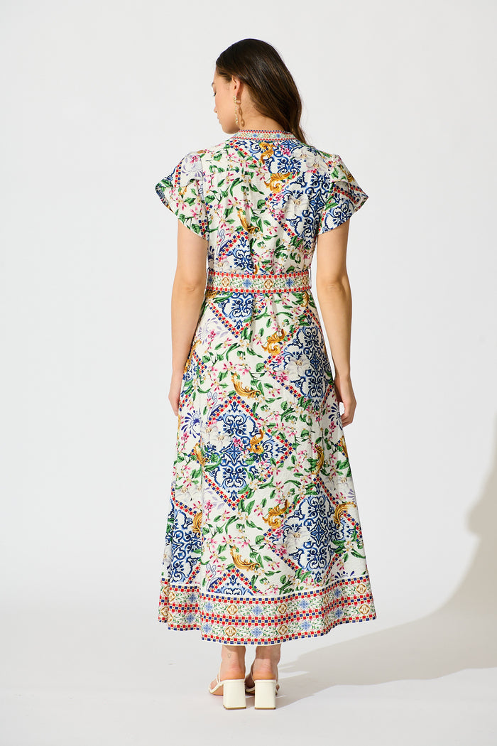 Portofino Bloom Midi Dress in White with Multi Print back