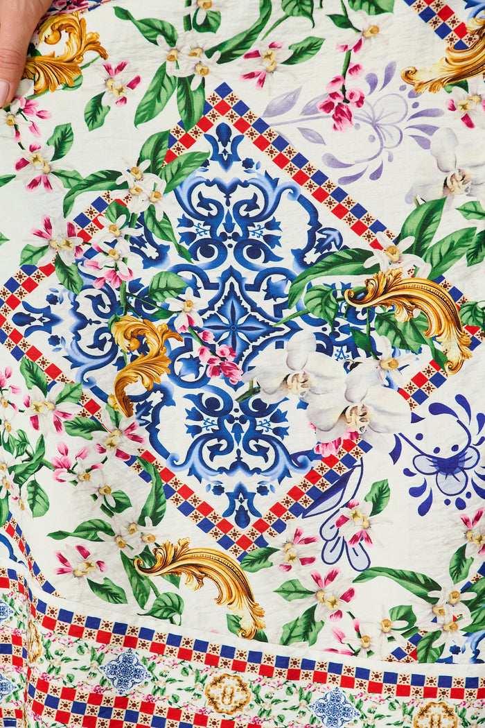 Portofino Bloom Midi Dress in White with Multi Print fabric