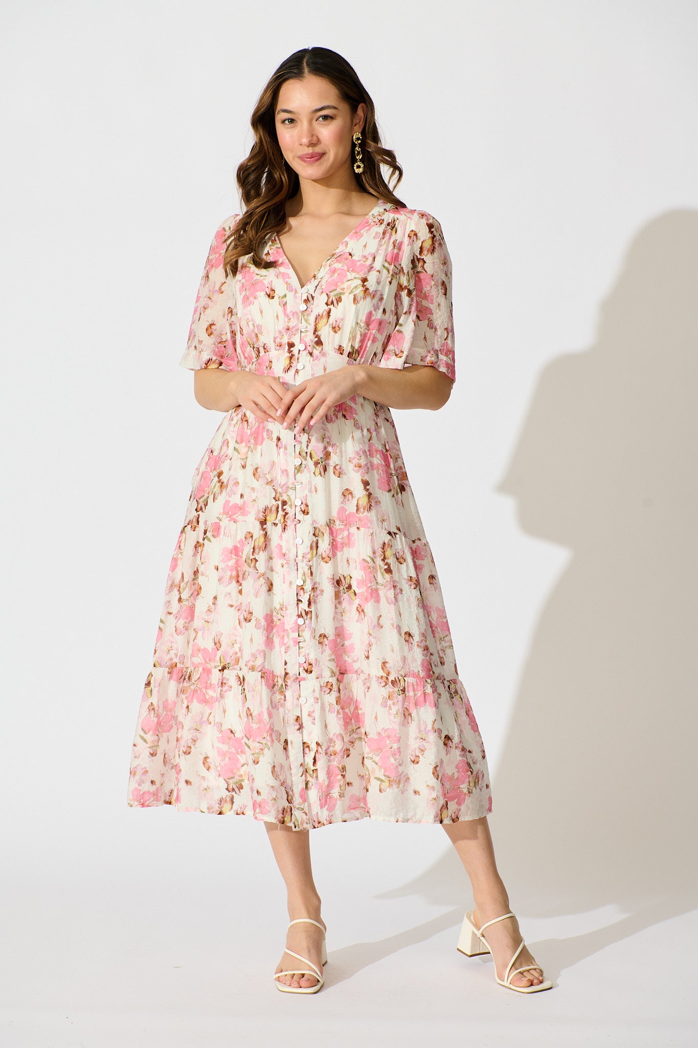 Finn Dress in White with Pink Floral full length