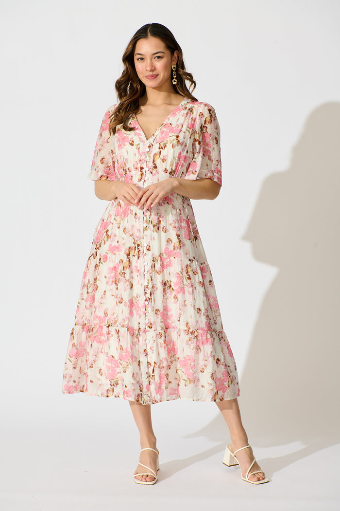 Finn Dress in White with Pink Floral full length