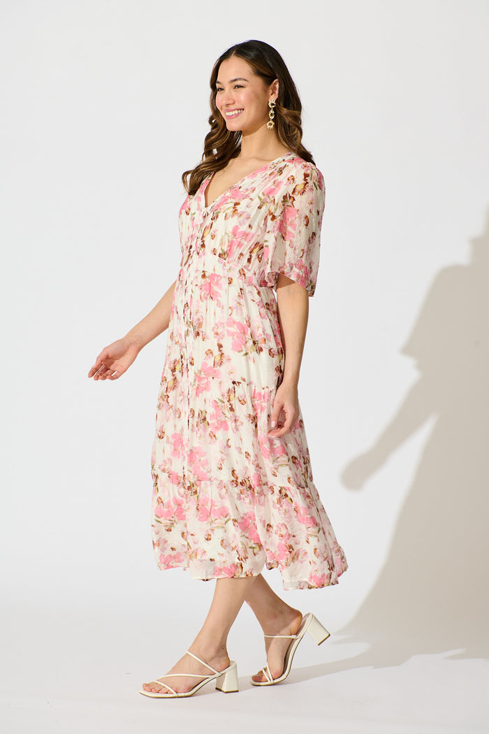 Finn Dress in White with Pink Floral side