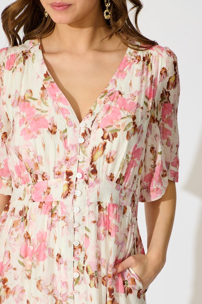 Finn Dress in White with Pink Floral detail
