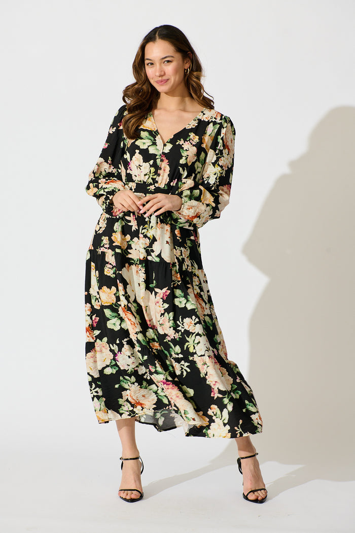 Zodie Midi Dress in Black Multi Floral Print full length
