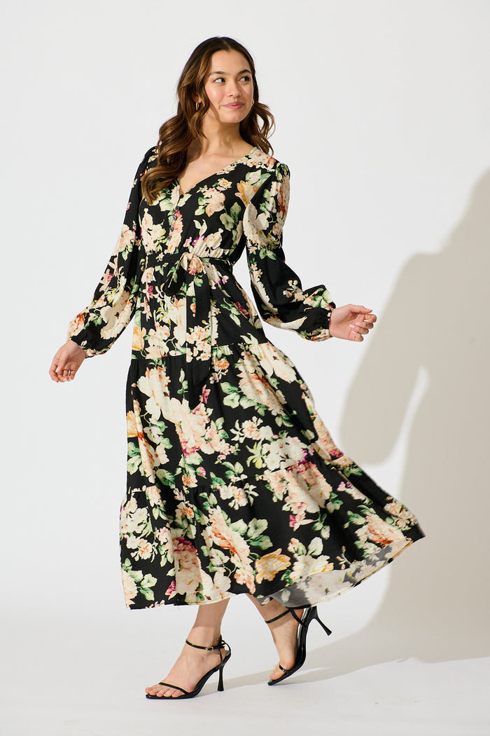 Zodie Midi Dress in Black Multi Floral Print side