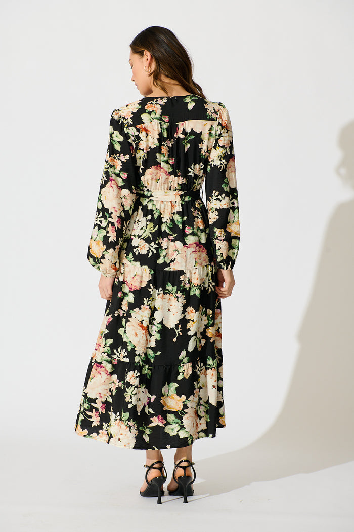 Zodie Midi Dress in Black Multi Floral Print back