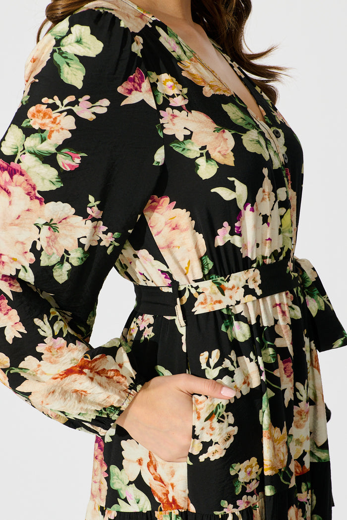 Zodie Midi Dress in Black Multi Floral Print detail