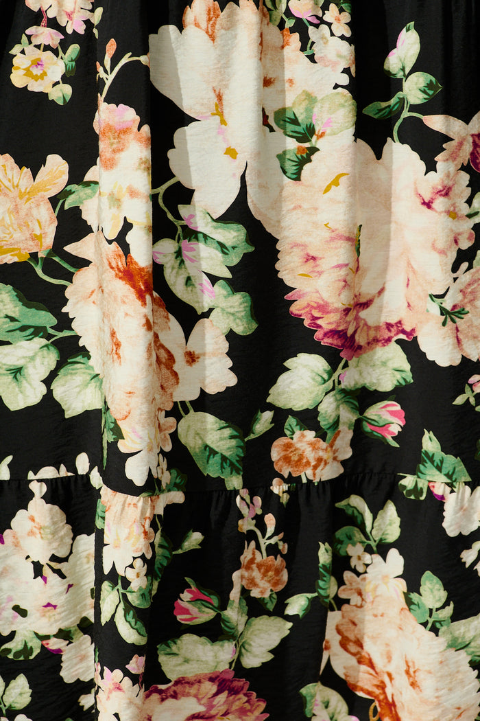Zodie Midi Dress in Black Multi Floral Print fabric